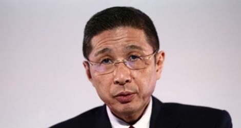 Photo prise le 14 mai 2019 du directeur général de Nissan Motors Hiroto Saikawa lors d'une conférence de presse au siège de Yokohama. Hiroto Saikawa va démissionner a annoncé le 9 septembre le Conseil d'administration du groupe.