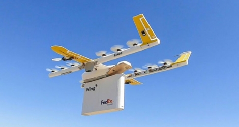 Une image d'un drone de Wing Aviation LLC fournie par l'entreprise à l'occasion du lancement d'un programme pilote de livraisons par avions sans pilote.