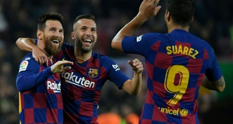 Lionel Messi fête un but avec ses coéquipiers Jordi Alba et Luis Suarez face à Valladolid, le 29 octobre 2019 au Camp Nou.
