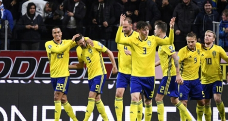 Les Suédois en liesse après le but de Marcus Berg (2g) contre l'Espagne en qualif pour l'Euro-2020, le 15 octobre 2019 à Solna.