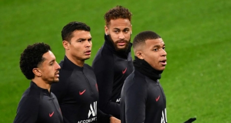 Marquinhos, Thiago Silva, Neymar et Kylian Mbappé à l'entraînement avec le Paris SG au stade Santiago Bernabeu de Madrid le 25 novembre 2019.