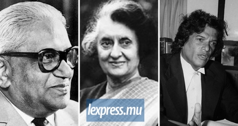 Sir Seewoosagur Ramgoolam , Mme Indira Gandhi, Gaëtan Duval.