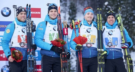 Les Français Antonin Guigonnat, Emilien Jacquelin, Fabien Claude et Quentin Fillon-Maillet 3e du du relais d'Hochfilzen, le 15 décembre 2019.