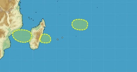 La carte de cyclogenèse publiée par Météo France jeudi 16 janvier. La zone potentiellement menaçante est celle à l’est de Madagascar.