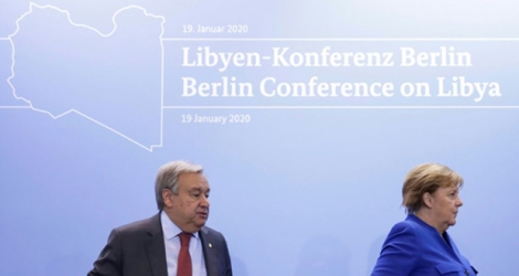 Le secrétaire général de l'ONU Antonio Guterres et la chancelière allemand Angela Merkel, lors de la conférence internationale sur la Libye, le 19 janvier 2020 à Berlin.