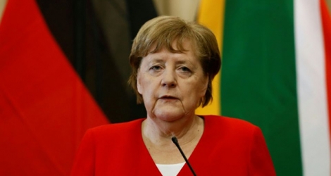La chancelière allemande Angela Merkel lors d'une conférence de presse à Pretoria, en Afrique du Sud, le 6 février 2020.