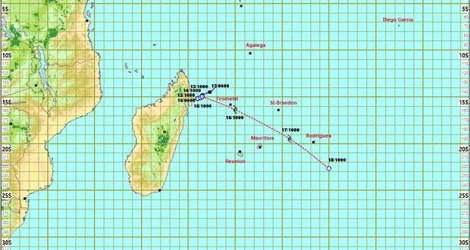 La trajectoire d’Herold qu’anticipe la station météorologique de Vacoas, à 4 heures, ce lundi 16 mars.