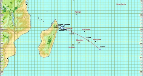 La trajectoire d’Herold qu’anticipe la station météorologique de Vacoas, à 10 heures, ce lundi 16 mars.