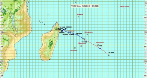 Herold devrait passer à environ 220 km au nord-nord-est de l'île Maurice dans les prochaines heures. 