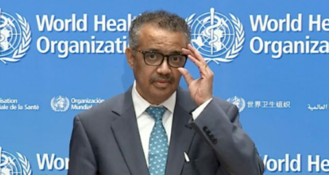 Le directeur général de l'OMS Tedros Adhanom Ghebreyesus en visioconférence, le 18 mai 2020 Genève, à l'ouverture virtuelle de l'Assemblée mondiale de la santé.