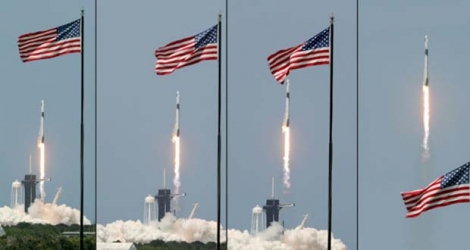 Décollage de la fusée SpaceX avec Crew Dragon au sommet, le 30 mai 2020 au centre spatial Kennedy.