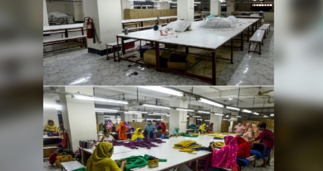Pendant le confinement le 7 avril et après le déconfinement le 18 juin à l'usine textile Dibbo Fashion, près de Dacca Photo MUNIR UZ ZAMAN. AFP