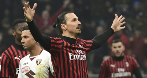 Zlatan Ibrahimovic célèbre un but avec l'AC Milan contre le Torino en quarts de finale de la Coupe d'Italie le 28 janvier 2020 à san Siro Photo MIGUEL MEDINA. AFP