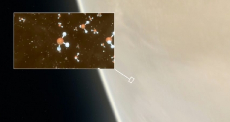 Des molécules de phosphine (représentées dans l'image encadrée) découvertes dans l'atmosphère de Vénus sont peut-être un signe de vie, ont annoncé lundi des astronomes Photo M. KORNMESSER, L. CALCADA. AFP