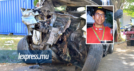 L’état de la voiture après l’impact. Hashim Maudarbocus était un passionné de l’automobile et participait aux compétitions en compagnie de son oncle.