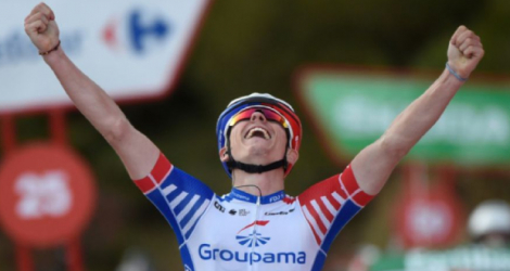 La joie du Français David Gaudu, vainqueur de la 11e étape du Tour d'Espagne, le 31 octobre 2020 au sommet de l'Alto de la Farrapona Photo MIGUEL RIOPA. AFP