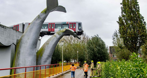 Une rame de métro qui a déraillé s'est échouée au sommet d'une sculpture de queue de baleine à Spijkenisse près de Rotterdam le 2 novembre 2020.