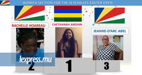 Les podiums de la ‘Seychelles Easter Open’ avec Stéphane Lam Kin Cheung (à g.) et Chethanah Andhin (à dr.)