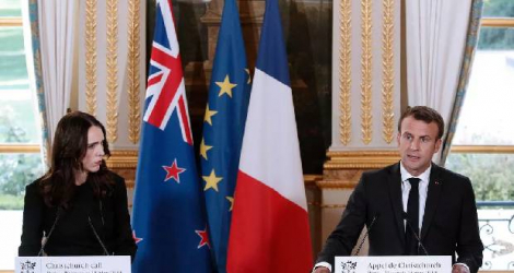 La Première ministre néo-zélandaise Jacinda Ardern et Emmanuel Macron le 15 mai 2019 à l'Elysée pour lancer l'