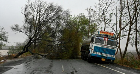 Un arbre en travers d'une route après le passage du cyclone Tauktae près de Diu, le 18 mai 2021 en Inde. afp.com - Punit PARANJPE