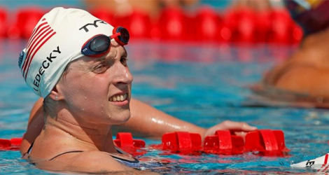 L'Américaine Katie Ledecky, après avoir remporté le 400 m nage libre lors des TYR Pro Swim Series, le 10 avril 201 à Mission Viejo en Californie.