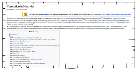 Capture d’écran de la page Wikipédia énumérant une liste de scandales qui se sont succédé sous divers gouvernements.