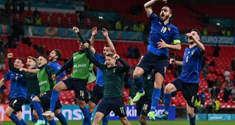 La joie des Italiens après leur victoire en prolongation du 8e de finale de l'Euro contre l'Autriche, à Londres, le 26 juin 2021.