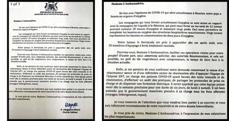 Cette lettre a été envoyé par l’Etat mauricien à l’ambassadrice de France à Maurice afin de soliciter l’aide réunionnaise, notamment pour obtenir de l’oxygène.
