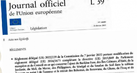 Extrait du Journal officiel actant la sortie de Maurice de la liste des pays à risque de l’Union européenne