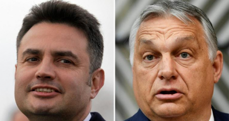 Peter Marki-Zay, (G), à Budapest le 15 mars 2022, et le Premier ministre hongrois actuel Viktor Orban (D) à Bruxelles le 24 juin 2021.