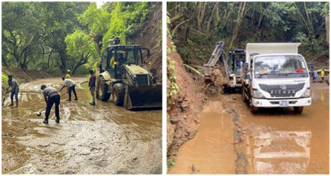 Plusieurs routes étaient impraticables vendredi et samedi, comme ici, celle de Chamarel, obstruée après des coulées de boue et par des débris.