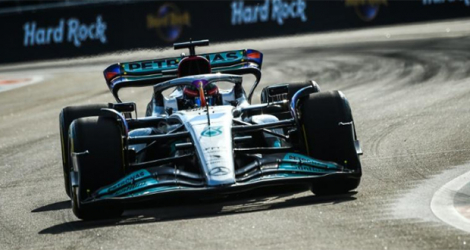 Le pilote britannique de Mercedes, George Russell, pendant la deuxième séance d'essais du Grand Prix de Formule 1 de Miami, en Floride, le 6 mai 2022.