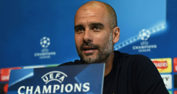 L'entraîneur espagnol de Manchester City Pep Guardiola lors d'une conférence de presse à Manchester le 9 avril 2018