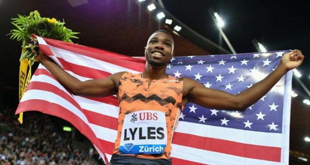 L'Américain Noah Lyles vient de remporter le 200 m de la finale de la Ligue de diamant, le 30 août 2018 à Zurich L'Américain Noah Lyles vient de remporter le 200 m de la finale de la Ligue de diamant, le 30 août 2018 à Zurich
