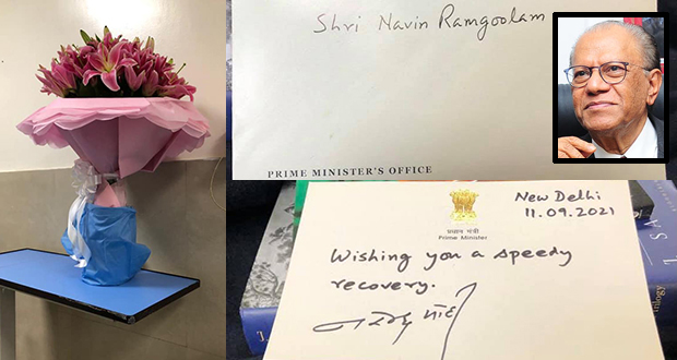 Navin Ramgoolam a reçu un bouquet et une carte de bienvenue du Premier ministre indien, à l'All India Institute of Medical Sciences.