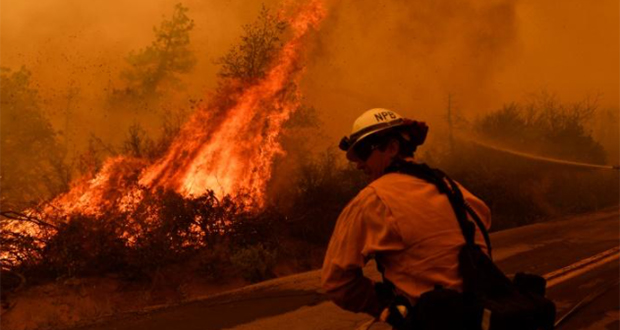 Des pompiers luttent contre un incendie près de Johnsondale, le 22 septembre 2021 en Californie.