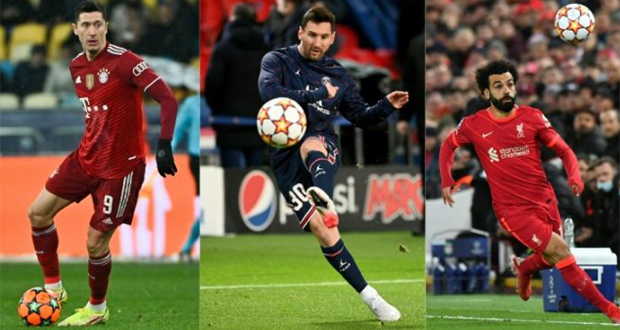 Combophoto réalisé 7 janvier 2022 représentant les attaquants du Bayern Robert Lewandowski, du PSG Lionel et de Liverpool Mohamed Salah.