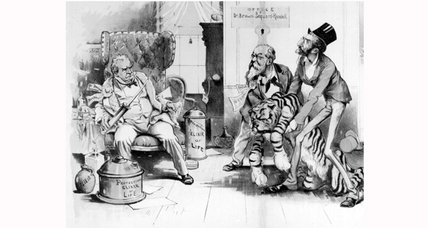Caricature parue dans la presse anglaise, montrant Brown-Séquard (à g.) avec une aiguille et son «élixir de jouvence» à base de testicules d’animaux.