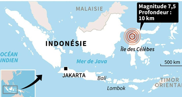 Indonésie: fort séisme de magnitude 7,5 aux Célèbes, alerte au tsunami